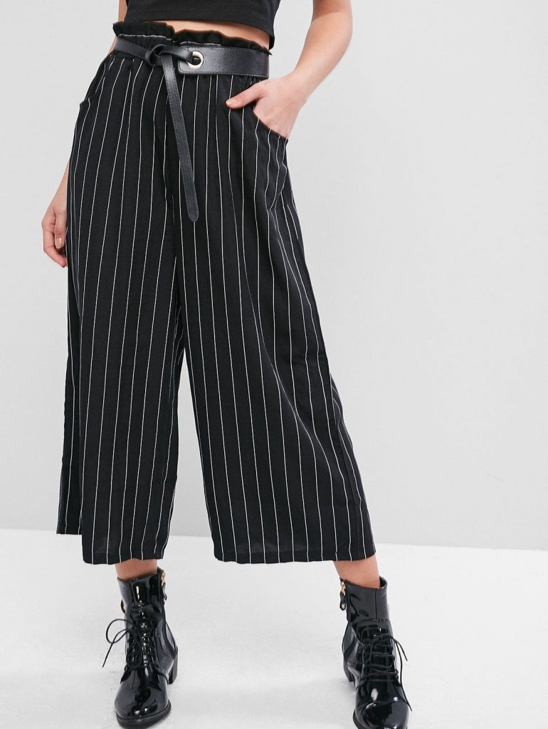 Pockets Stripes Wide Leg Paperbag Pants