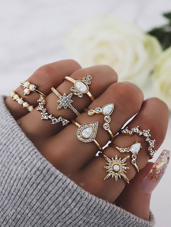 10Pcs Rhinestone Geometric Ring Set - Gold