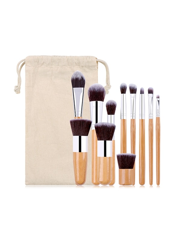 11PCS Makeup Brush Set And Sack - Bright Yellow