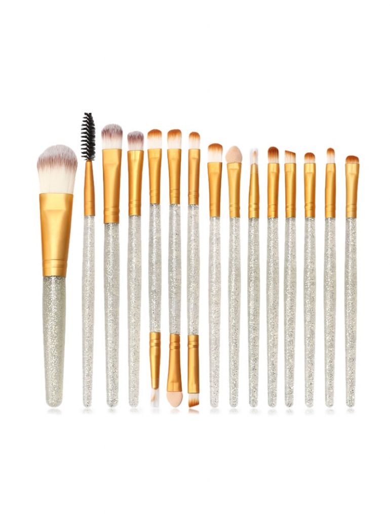 15Pcs Glitter Makeup Powder Brush - Gold