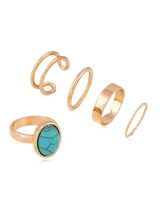 5Pcs Brief Alloy Turquoise Ring Set - Gold Blue Pine