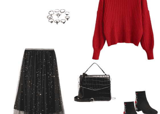 Autumn 2019 Casual Outfits make you Look Cool with Red Sweater Black Moon And Star Starry Mesh A Line Skirt Animal Print Top Bag and Floral Embroidery Suede Ankle Boots