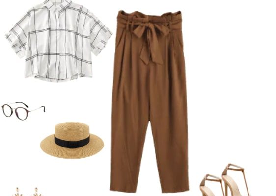 Autumn 2019 Casual Trendy Office Outfit for Young Women with Milk White Shirt and Brown Belted High Waisted Straight Pants