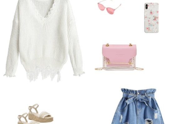 Autumn 2019 Cool Casual Pink Outfits for the Flawless Look with White Drop Shoulder V Neck Distressed Sweater Cuffed Destroyed Denim Paperbag Shorts and Straw Weaving Platform Sandals