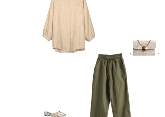 Autumn 2019 Cosy Office  Work Outfit for Women Beige Pocket Oversized Corduroy Shirt and Camouflage Green Pants