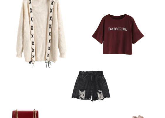 Autumn 2019 Outfit Awesome Street Style That Can Inspire your Fashion This Year Warm White Cardigan Red Wine Babygirl Letter Print Graphic Crop Tee Black Jean Shorts Round Toe Flat Platform Running Shoes