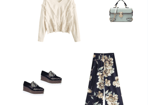 Autumn 2019 Simple Back to School Outfits for University College with White Warm Fringe Sweater Blue Floral Wide Leg Pants and Black Studded  Platform Shoes