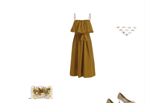 Autumn 2019 Stylish Women Casual Weekend Outfit for Sunny Weather Mustard Split Hem Ruffle Overlay Midi Dress Beige Simple Pointed Toe Buckle Decorated Pumps and Green Flower Jelly Crossbody Bag