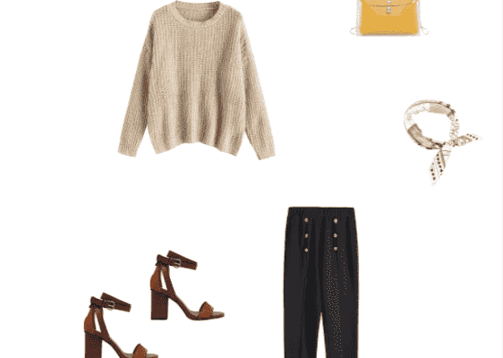 Autumn 2019 Trendy Office  Work Outfit for Business Women Light Khaki Knitted Oversized Boyfriend Sweater Black Skinny Pants and Brown Chunky Heel Sandals