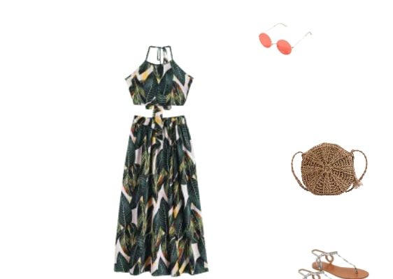 Autumn 2019 Vacation Outfit Back on the Beach Cute Leaves Print Knotted Back Maxi Skirt Set