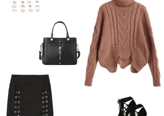 Awesome Autumn Street Style Outfits to Keep You Stylish and Warm with Brown Turtle Neck Wave Hem Sweater Side Zipper Lace Up Mini Skirt Hollowed Peep Toe High Heel Sandals and Simple Zip Design Portable Handbag