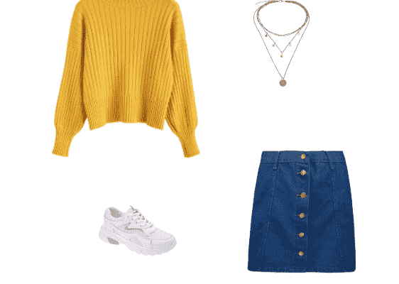 Back to School Cute Outfit for High School make you Pretty and Fashionable with a Yellow Sweater Skirt and Sneakers