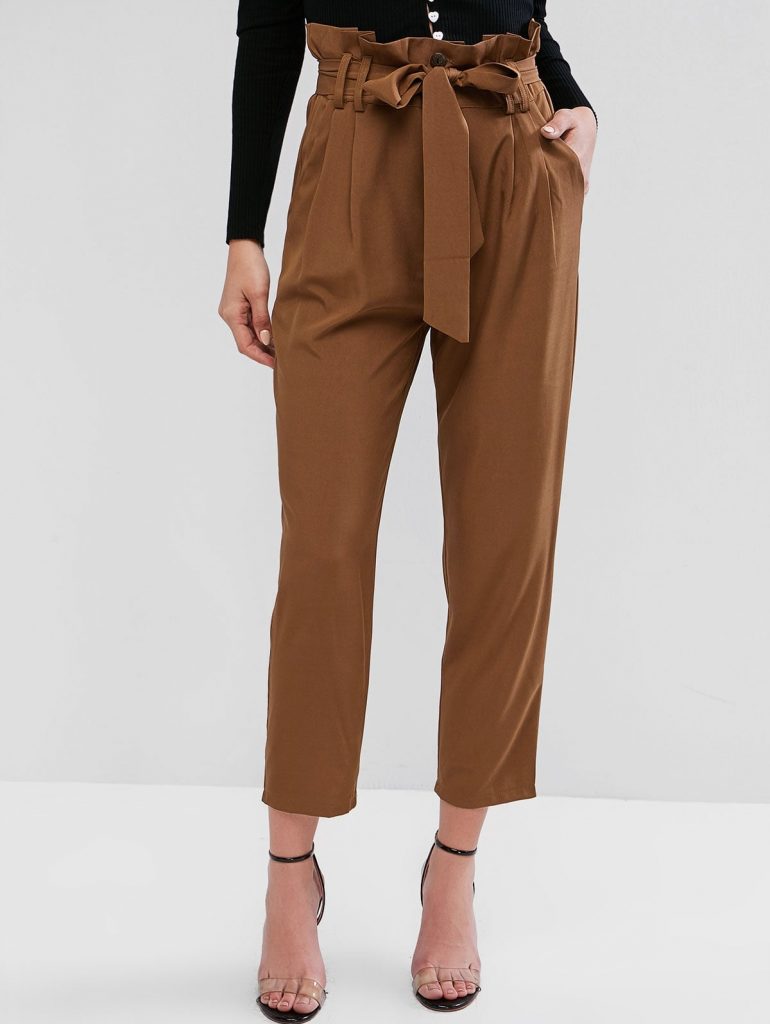 Belted High Waisted Straight Pants - Brown L