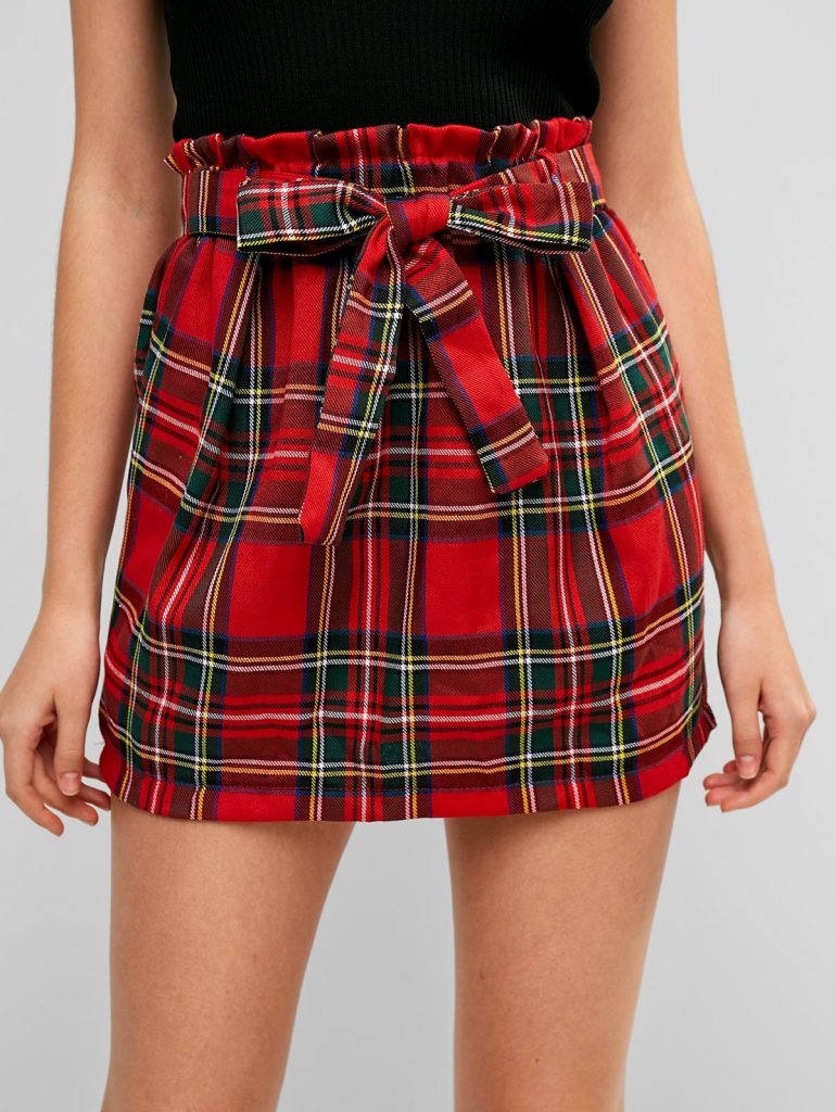 Belted Mini Plaid Paperbag Skirt - Chestnut Red M