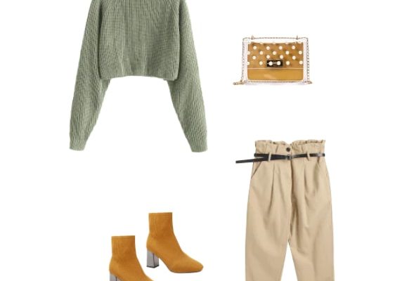 Best Autumn  Winter 2019 Office Attire to Upgrade Your Style Sea Green Sweater Light Khaki Pants Metallic Chunky Heel Sock Short Boots and Yellow Transparent Faux Pearl Studs Chain Handbags