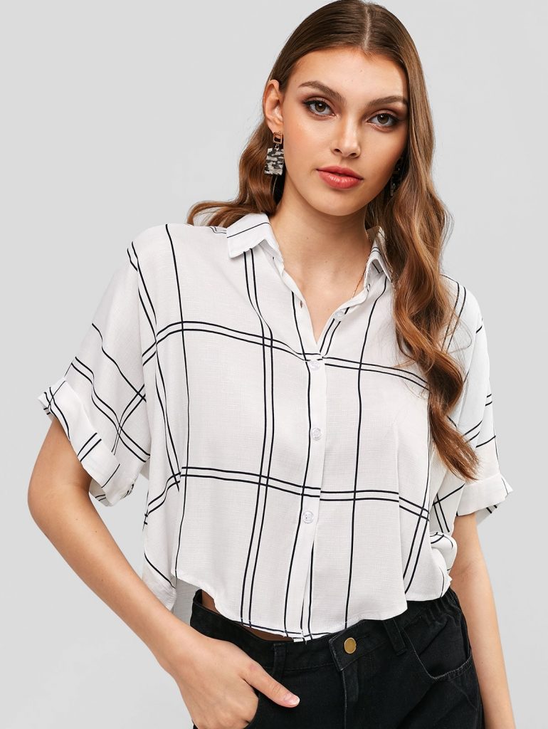 Button Down Cuffed Sleeve Plaid Shirt - Milk White M