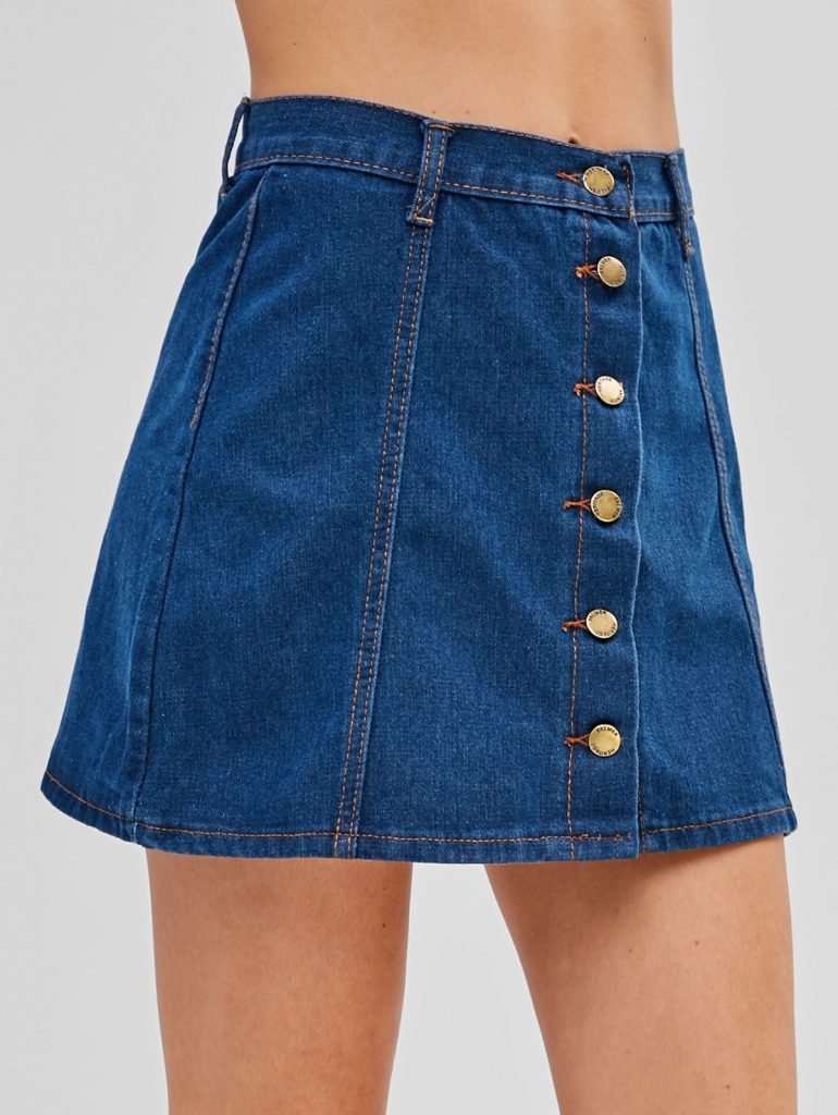 Button Up Denim Flare Skirt - Denim Dark Blue Xl