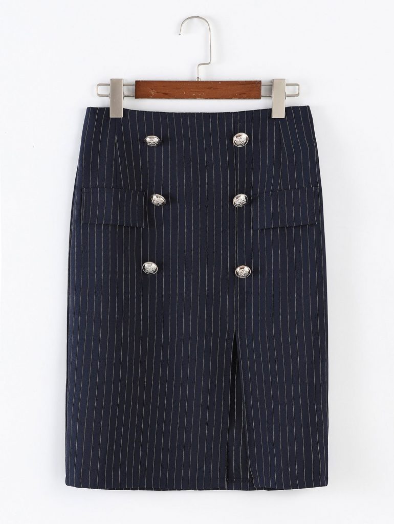 Buttons Slit Striped Skirt - Dark Slate Blue M