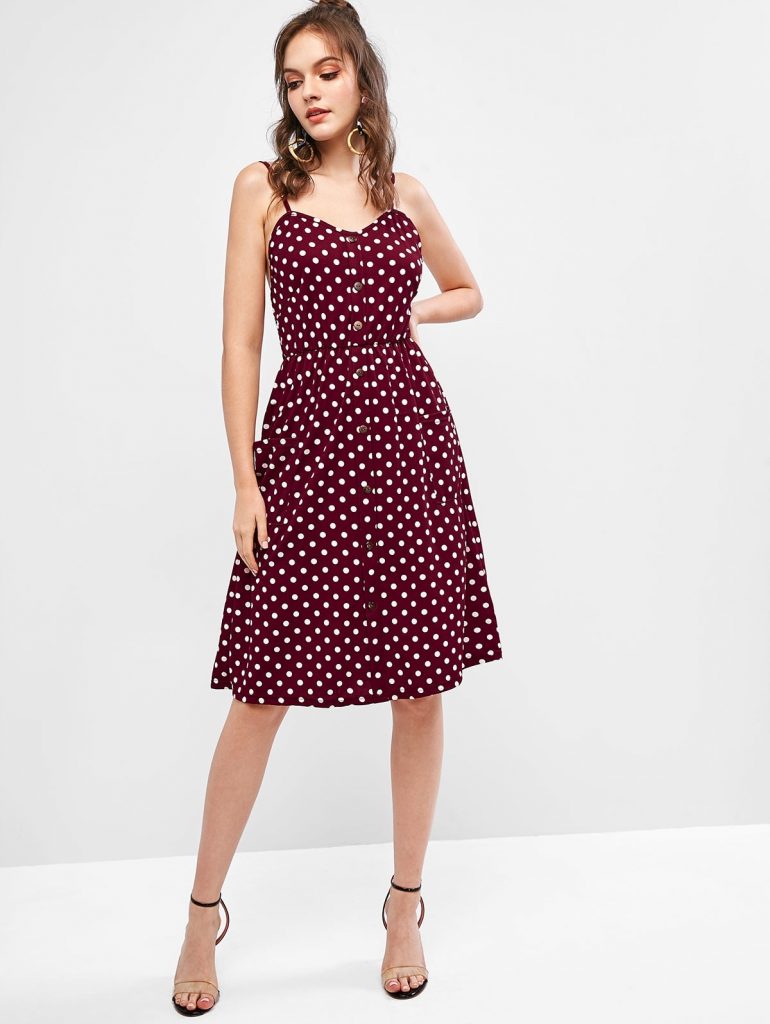 Buttons Smocked Back Polka Dot Cami Dress - Red S