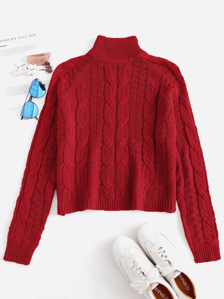 Cable Knit High Neck Sweater - Red