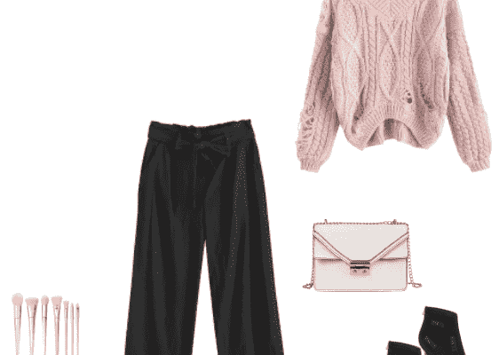 Casual Work Outfit for Autumn  Winter Fall This Year 2019 Rose Sweater and Black Belted High Waisted Straight Pants