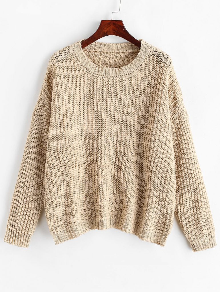 Chunky Knit Drop Shoulder Boyfriend Sweater - Light Khaki