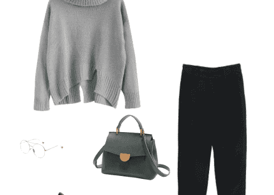 Classy Autumn 2019 Office Attire Outfit with Gray Elegant Sweater and Black High Rise Corduroy Pocket Pencil Pants