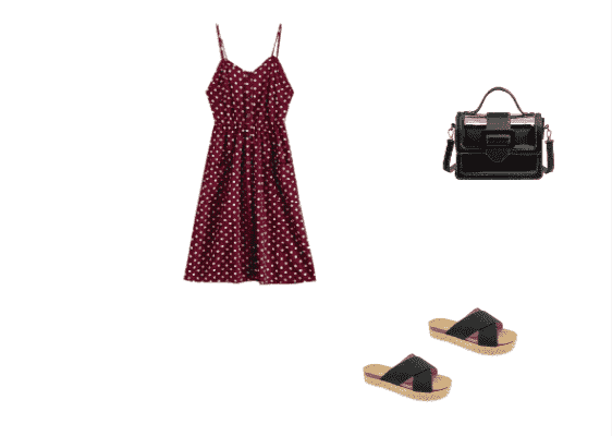 Comfy and Sexy Beach Outfit Idea Autumn 2019 Casual Red Polka Dot Cami Dress and Black Espadrille Slides
