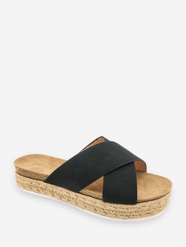 Cross Strap Platform Espadrille Slides - Black Eu 36