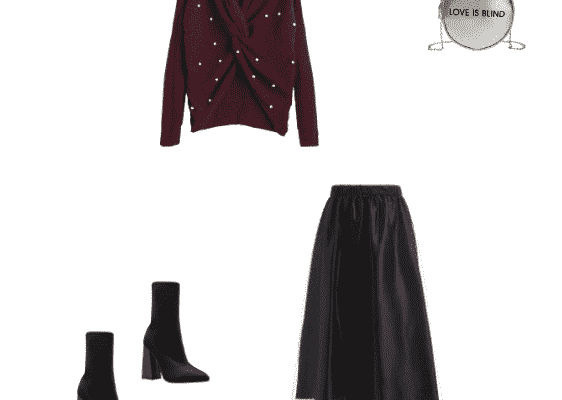 Cute Autumn 2019 Date Outfit for Petite Women with Red Wine Pearly Sweater Black Midi Skirt and Black High Chunky Heel Boots