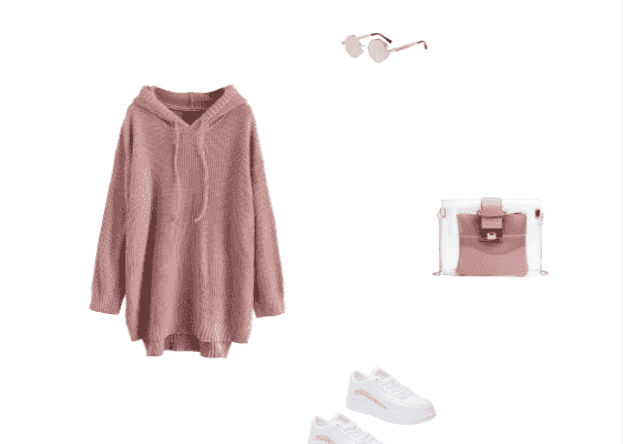 Cute and Comfortable Outfit for College Autumn 2019 Pink High Low Hem Hooded Knitted Dress and Contrast Trim PU Leather Skate Shoes