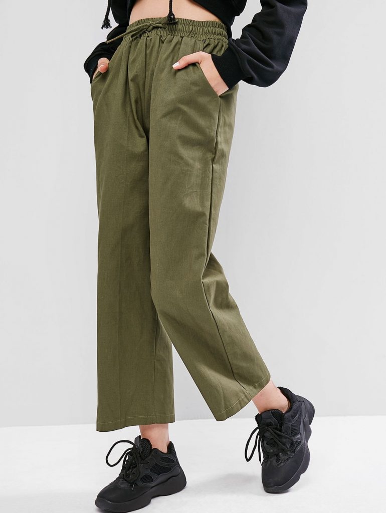 Drawstring Pocket Wide Leg Pants - Camouflage Green M