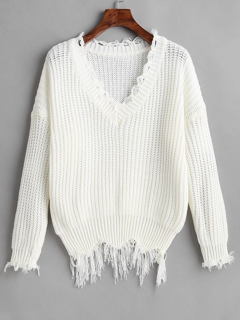Drop Shoulder V Neck Distressed Sweater - White
