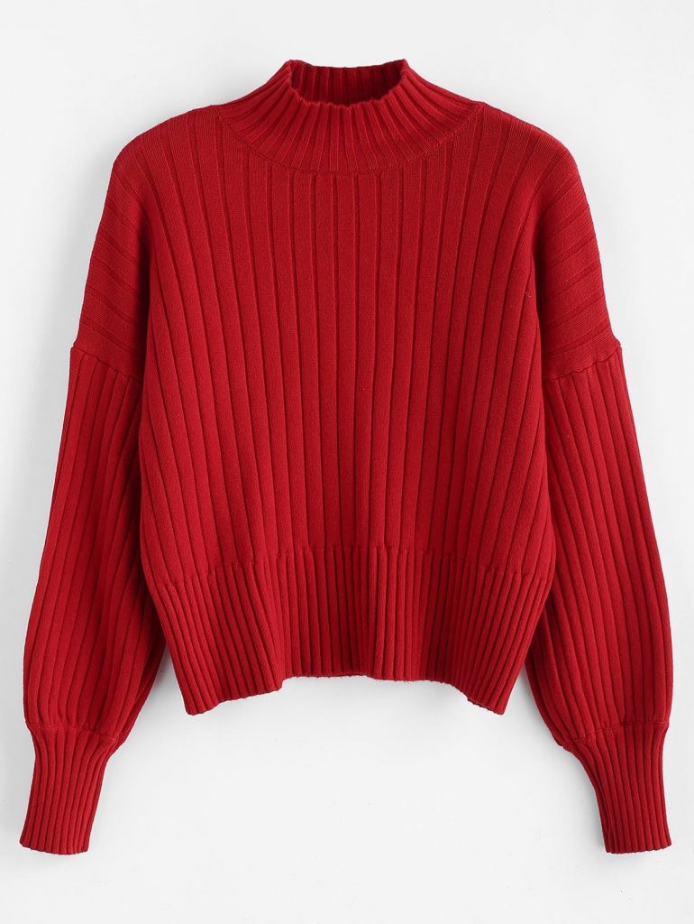 Dropped Shoulder Mock Neck Sweater - Red