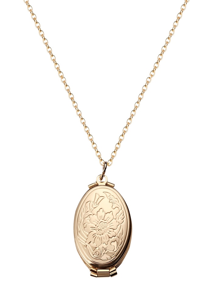 Engraved Floral Oval Photo Locket Necklace - Gold Flowers