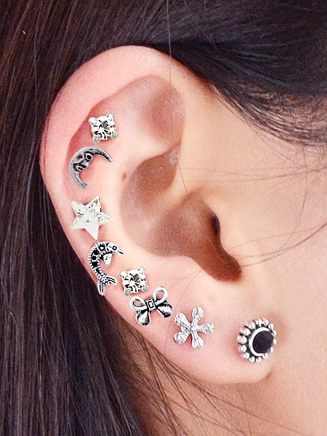 Ethnic Moon Star Bow Rhinestone Stud Earring Set - Silver