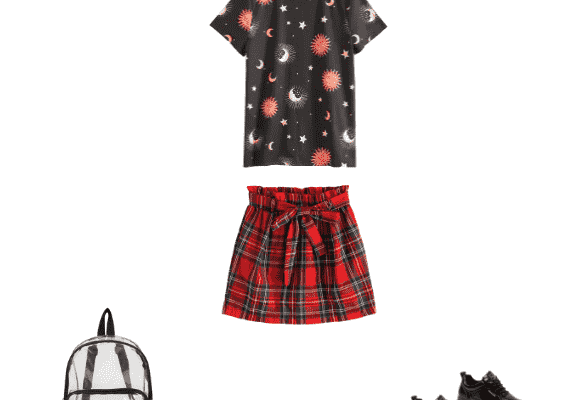 Fabulous and Cute Casual School Outfit For College Girls Autumn 2019 with Top Star Sun And Moon Chestnut Red Belted Mini Plaid Paperbag Skirt