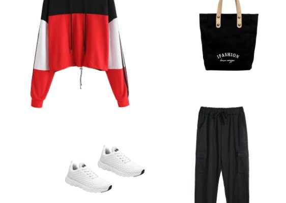 Fashionable and Cute Sport Outfit Autumn 2019 for Women Drawstring Hem Colorblock Hoodie Black Pocket Drawstring Casual Jogger Pants and White Sport Shoes