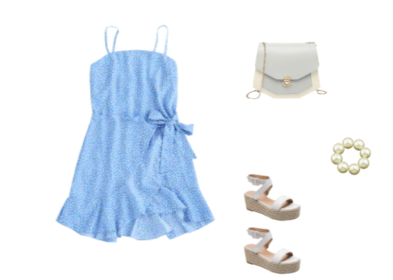 Fashionable and Perfect Outfit Ideas for Vacation Trending in Autumn 2019 Blue Overlap Ruffles Raindrop Print Cami Dress White Cross Strap PU Flatform Espadrille Sandals and Blue Color Spliced Chain Strap Crossbody Bag