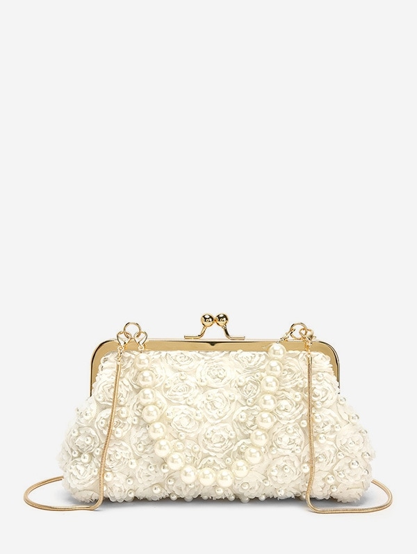 Faux Pearl Floral Design Tote Bag - White