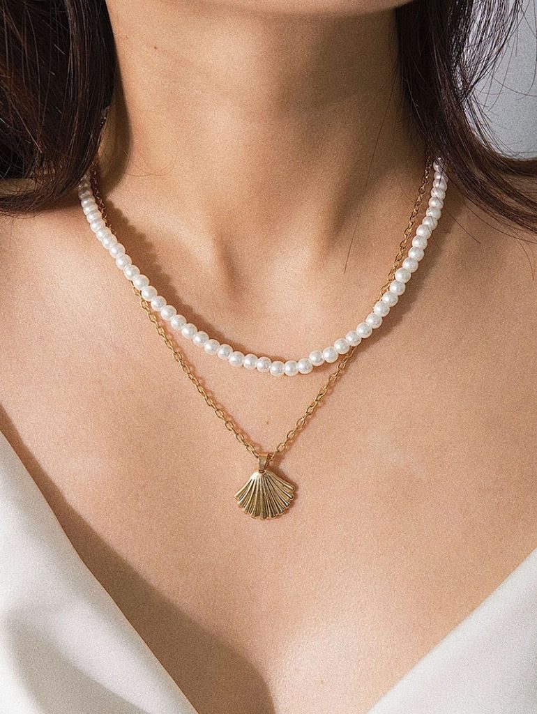 Faux Pearl Scallop Double Layer Necklace - Gold