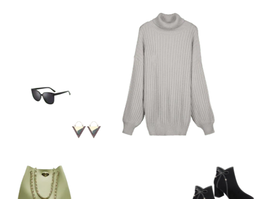 Flawless Minimalistic Outfit for Autumn  Winter 2019 Grey Drop Shoulder Turtleneck Sweater Dress Black Boots and Green Snake Brief Bucket Chain Shoulder Bag