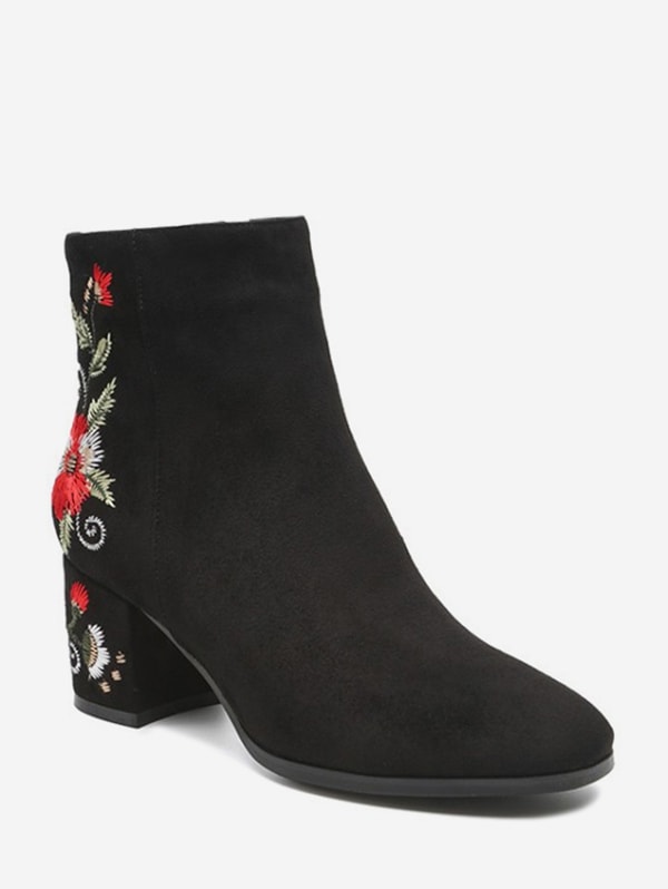 Floral Embroidery Suede Ankle Boots - Chestnut Red Eu 37