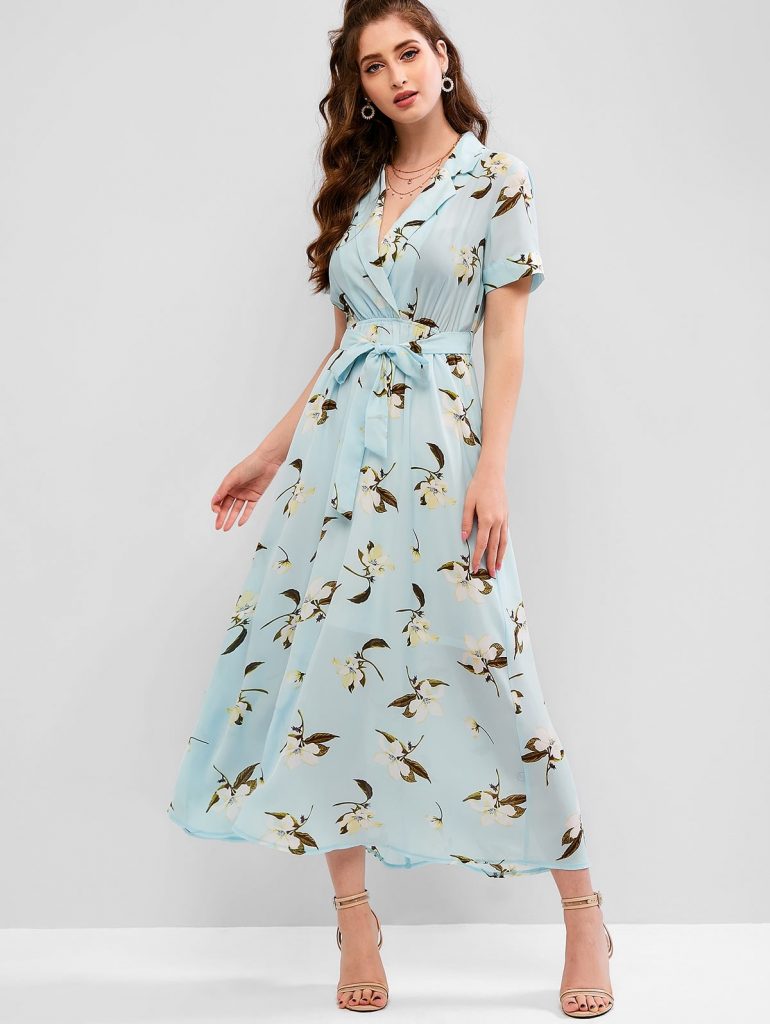 Flower Print Lapel Ankle Length Belted Dress - Multi