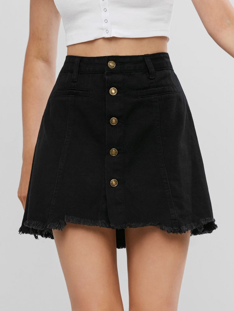 Frayed Hem Denim Button Up Skirt - Black S