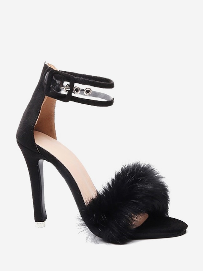 Fuzzy Strap Thin High Heel Sandals - Black Eu 37