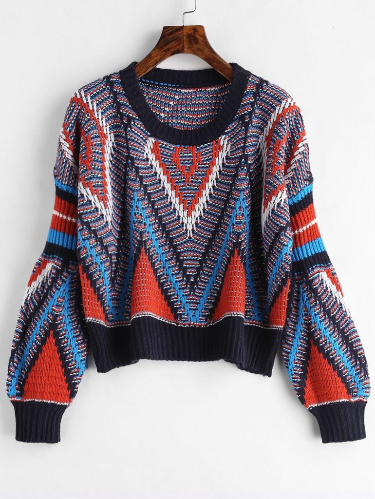 Geometric Graphic Crop Sweater - Multi