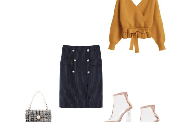 Gorgeous Work Office Outfit Autumn 2019 for Women Golden Brown Sweater Dark Slate Blue Skirt and Peep Toe Clear Chunky Heel Sandals