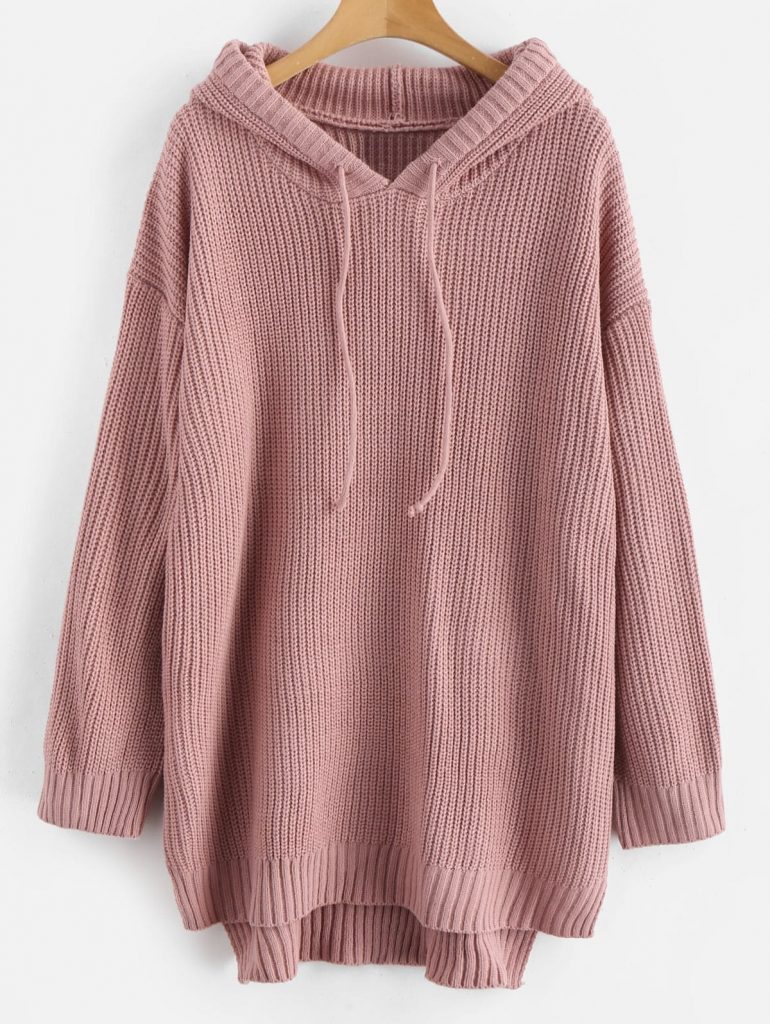 High Low Hem Hooded Knitted Dress - Pink