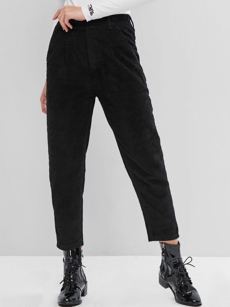 High Rise Corduroy Pocket Pencil Pants - Black